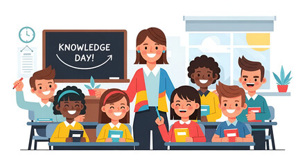 Happy Knowledge Day celebration with a diverse group of smiling children and their teacher in a classroom setting, emphasizing education and learning