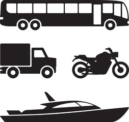 A vibrant vector set of transportation icons, featuring a variety of vehicles like cars, trucks, and buses, perfect for design and illustration
