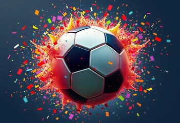A soccer ball bursts into a vibrant cloud of colorful fragments, flying, debris