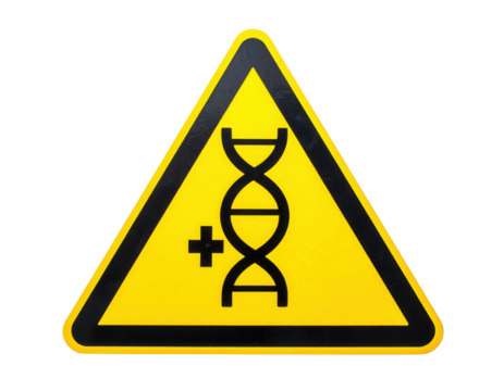 A yellow triangular sign featuring a DNA helix with a plus symbol, indicating a warning related to genetics or bioengineering.