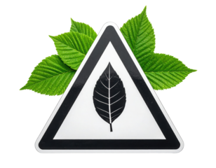 A triangular sign featuring a black leaf symbol, surrounded by green leaf foliage, emphasizing nature and environmental themes.