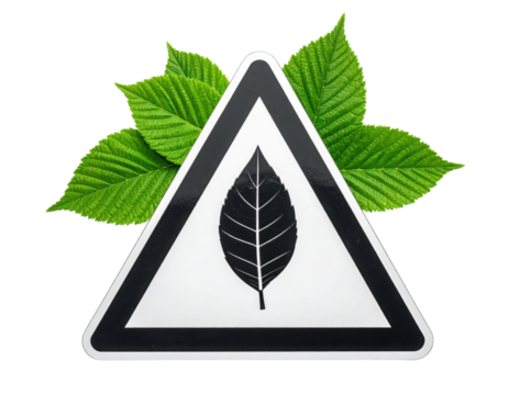 A triangular sign featuring a black leaf symbol, surrounded by green leaf foliage, emphasizing nature and environmental themes.