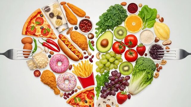 Heart shape made of healthy and unhealthy food with forks on a white background, diet concept