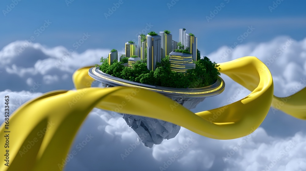 Poster conceptual image of a modern, sustainable city skyline with skyscrapers surrounded by lush greenery 