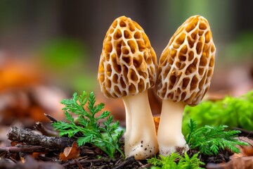 Morel mushrooms growing in forest undergrowth, spring delicacy