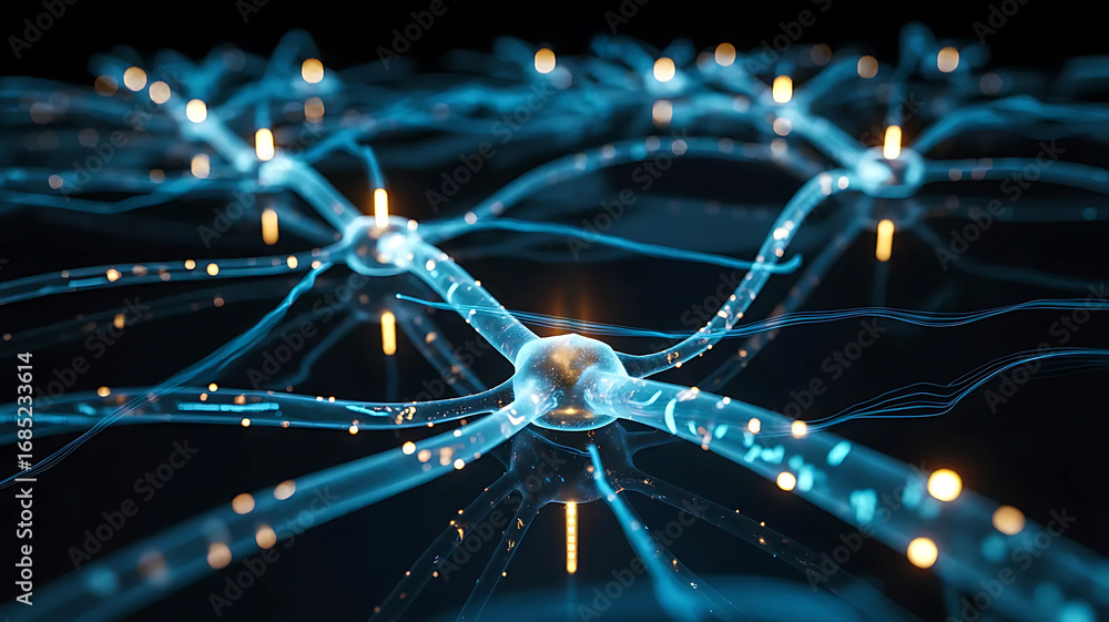 Poster stunning 3d rendered neural network with glowing connections, ideal for science and tech designs