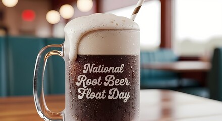 National root beer float day celebration in a retro diner scene with glass mug and straw