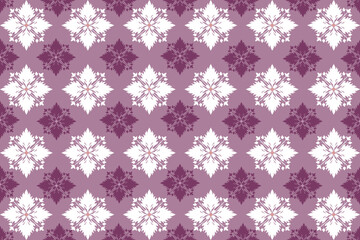Pink fabric pattern with alternating white and maroon floral star motifs, forming a symmetrical and elegant geometric design.