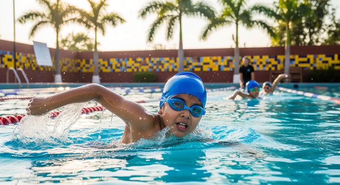 Energetic Latin child swimmer trains diligently, splashing water with focus in a sunny outdoor pool with palm trees in Mexico. - Powered by Adobe