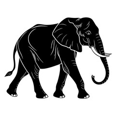Obraz premium An illustration of a black and white elephant walking with its trunk curved and tusks showing clearly drawn created with generated ai