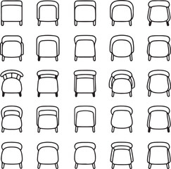 top view minimalistic chair icon set in black and white