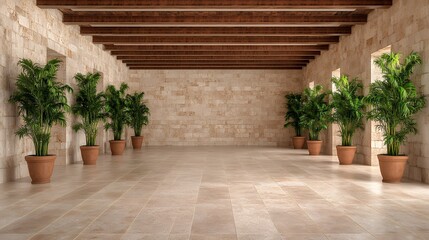 Fototapeta premium Bright and Airy Interior with Beige Stone Walls and Lush Greenery