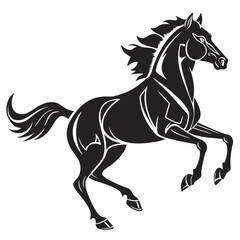 Obraz premium Illustration of a black horse rearing up with a flowing mane and tail on a white background design art 100 created with generated ai