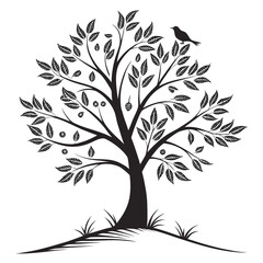 Naklejka premium Silhouette of a stylized tree with leaves and fruit and a bird perched on a branch at the top right created with generated ai