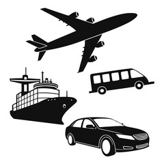 Various modes of transportation including a plane, ship, bus, and car in black and white illustration created with generated ai