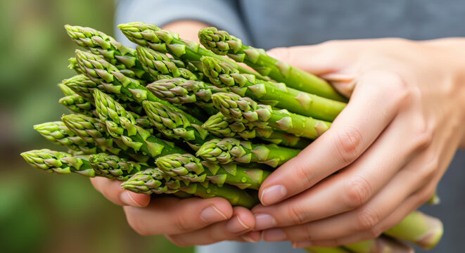 A person's hands gently present a vibrant, fresh bunch of green asparagus spears, highlighted by selected focus and soft blur.