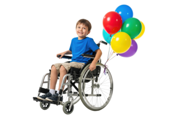 Happy disabled boy in a wheelchair holding a bunch of colorful balloons.
