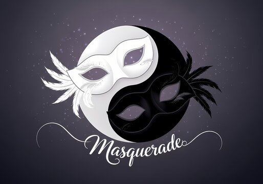 Yin yang masquerade ball design with elegant masks featuring feathers for event or party invitations