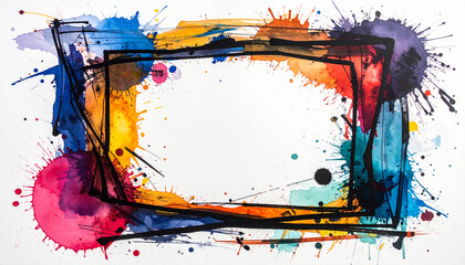 Vibrant abstract watercolor paint splatters and black lines forming a dynamic frame on a white background, showcasing artistic expression and colorful chaos.