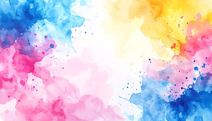  An abstract background of vibrant watercolor splashes and blotches in blue, pink, and yellow, with a white space for text or design.