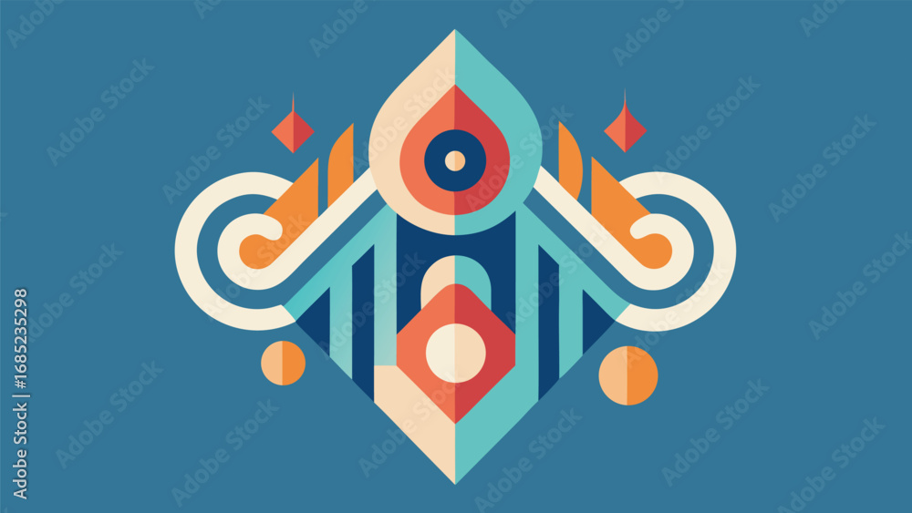 Poster intricate abstract geometric design with swirling lines and diamond shapes on blue background symmet