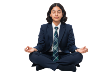 Young teenage boy in a business suit meditating in a lotus pose.