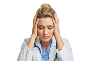 Overworked female doctor suffering from stress, headache, and burnout.