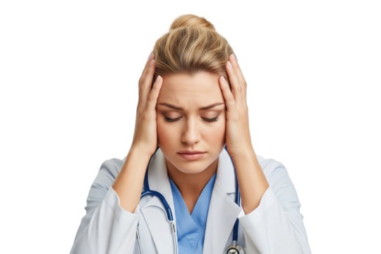 Overworked female doctor suffering from stress, headache, and burnout.