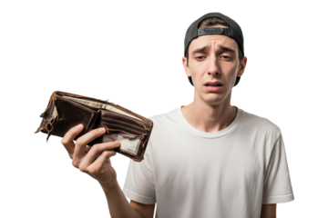 Sad and broke young man holding an old, empty wallet with no money.