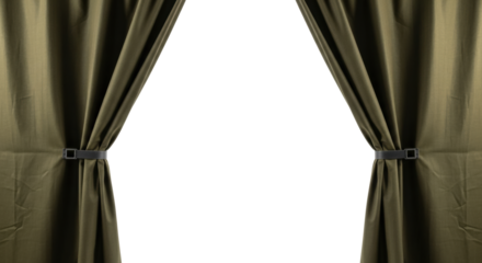Heavy, thick, utilitarian olive green canvas drapes, held open by matte black clips, frame a vast pristine uniform white studio background with ample copy space. Industrial minimalist studio setup