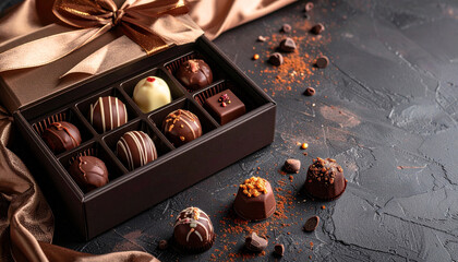 An open box of gourmet assorted chocolates with various fillings and decorations, presented as a gift on a dark textured surface with scattered cocoa powder and extra truffles.