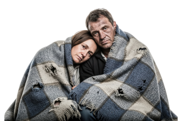 Sad and cold homeless couple huddled together under a tattered blanket.