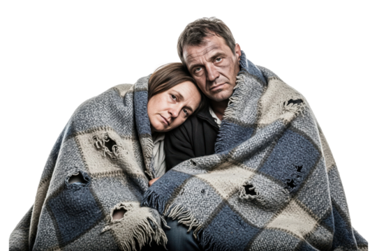 Sad and cold homeless couple huddled together under a tattered blanket.