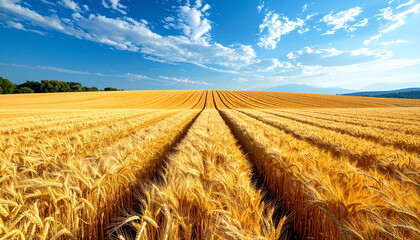 Golden wheat field stretching to the horizon under a bright blue sky with white clouds, showcasing agriculture and nature's beauty.