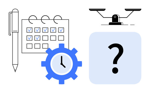 Calendar with ticked boxes, pen, clock in gear, balancing scale, and question mark element. Ideal for time management, planning, productivity balance scheduling decisions organization. Simple