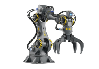 A robust, matte grey industrial robot with yellow warning stripes, hydraulic lines, and a claw gripper, featuring a blue glowing optical sensor, stands in a clean studio with white copy space,