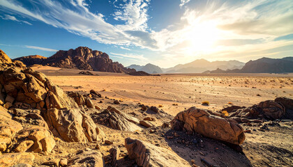 Vast desert landscape with rugged mountains under a bright sun and a wide-open sky, showcasing natural beauty.