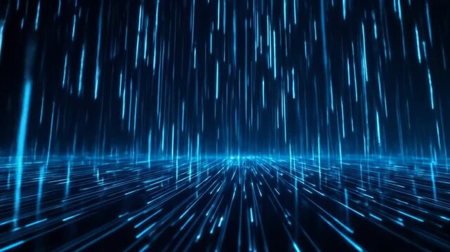 Falling light streaks, rain effect motion background. Dark blue neon digital data stream. 4k video