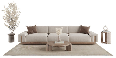 Scandinavian Sofa with Round Wooden Coffee Table, Rug and Decorative Plants – Front View PNG Background Removed