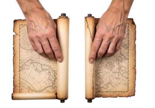 Gnarled aged caucasian hands with prominent veins unrolling weathered sepia parchment scrolls with faded maps and ancient script, on transparent background, historical discovery concept