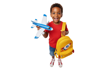 Excited African American boy holding a toy airplane and a school backpack.