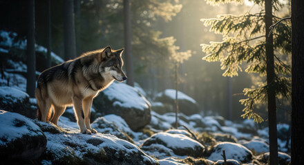 A majestic wild wolf stands dramatically backlit in a severe Nordic forest, posing amidst snow-covered rocks in a picturesque winter scene.