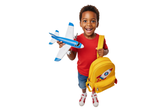 Excited African American boy holding a toy airplane and a school backpack.