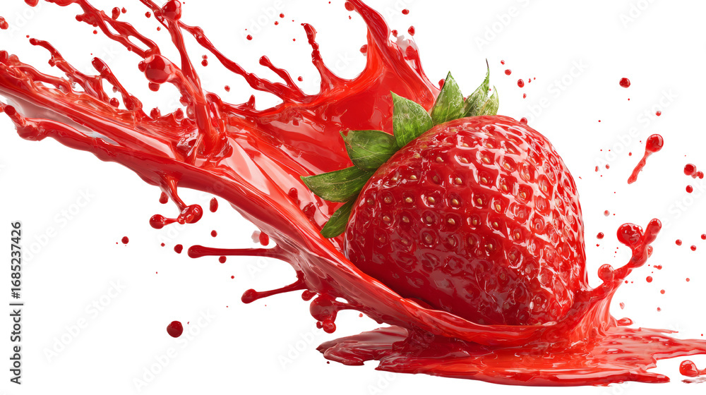 Poster dynamic image showcasing a juicy strawberry engulfed in a vibrant red splash against transparency