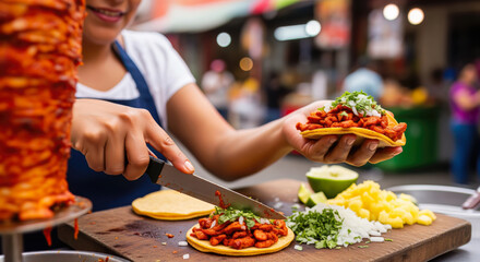 A Smiling Mexican Woman Expertly Prepares Authentic Tacos al Pastor, Slicing Marinated Pork at a Vibrant Street Food Stall