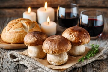 King bolete mushrooms, red wine, and rustic charm creating a cozy autumnal still life