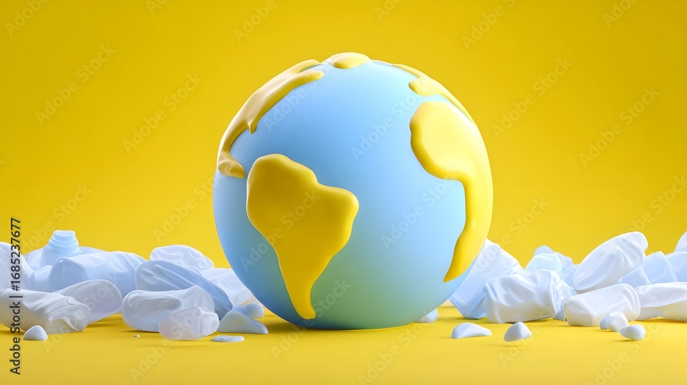 Poster a crumpled paper globe set against a vibrant yellow background, representing the environmental chall