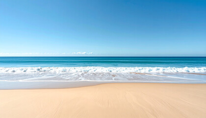 A tranquil beach scene with golden sand, turquoise ocean waves, and a clear blue sky, evoking a sense of peace and natural beauty.
