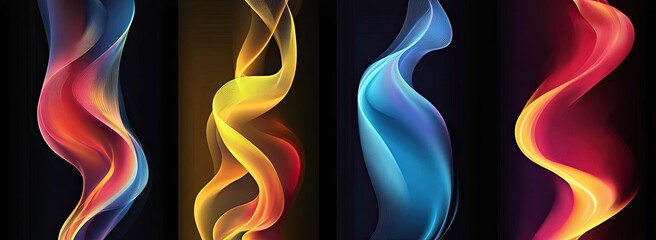 Four vertical posters with colorful abstract waves on a black background