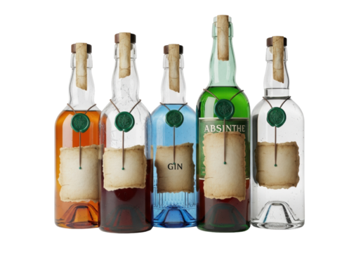 Five aged, eclectic glass bottles with amber, blue, green, red, clear liquids, sepia labels, and green wax seals, on white background with soft light, hinting at alchemical lore